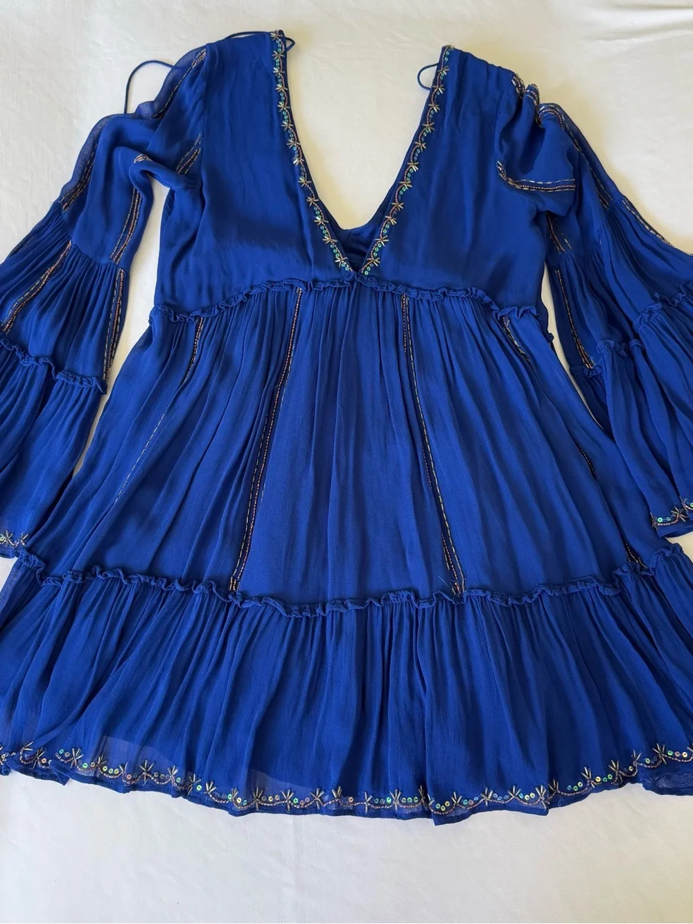 Free People Rare V-Neck Embroidered Mini Dress - Royal Blue XS